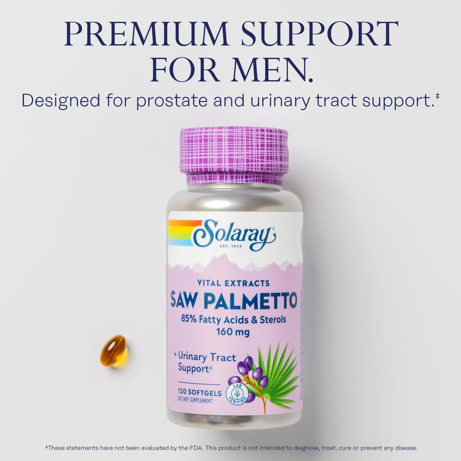 Etiqueta frontal SOLARAY Saw Palmetto Extract, fórmula estandarizada para consistencia.