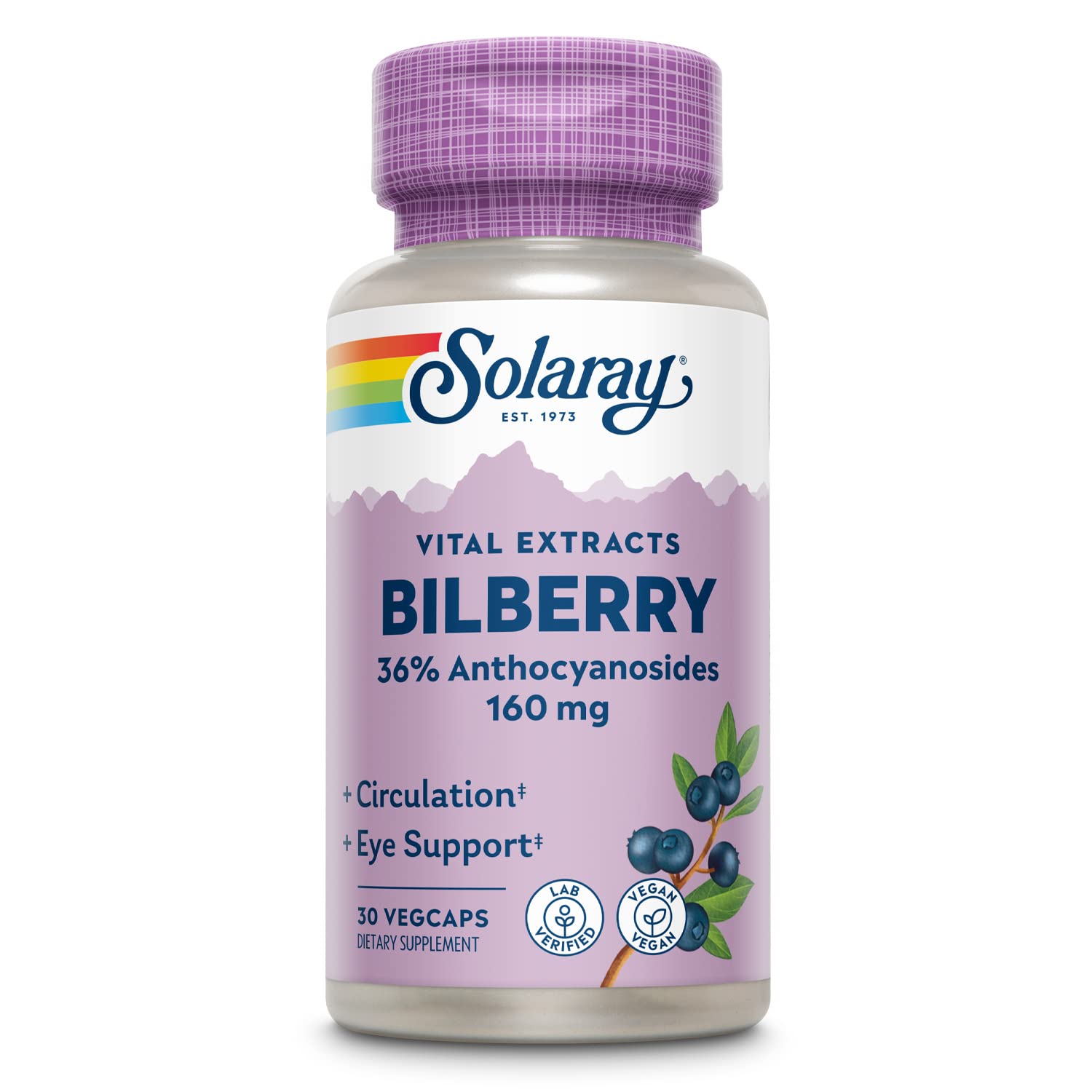 SOLARAY botella con extracto de arándano 160 mg para apoyo ocular.