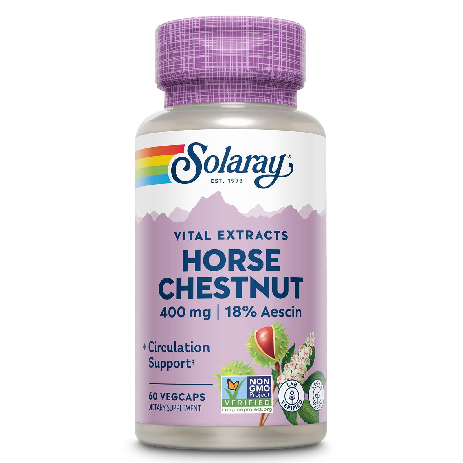 SOLARAY extracto castano de indias 400 mg, enfoque botella, posible apoyo circulatorio.