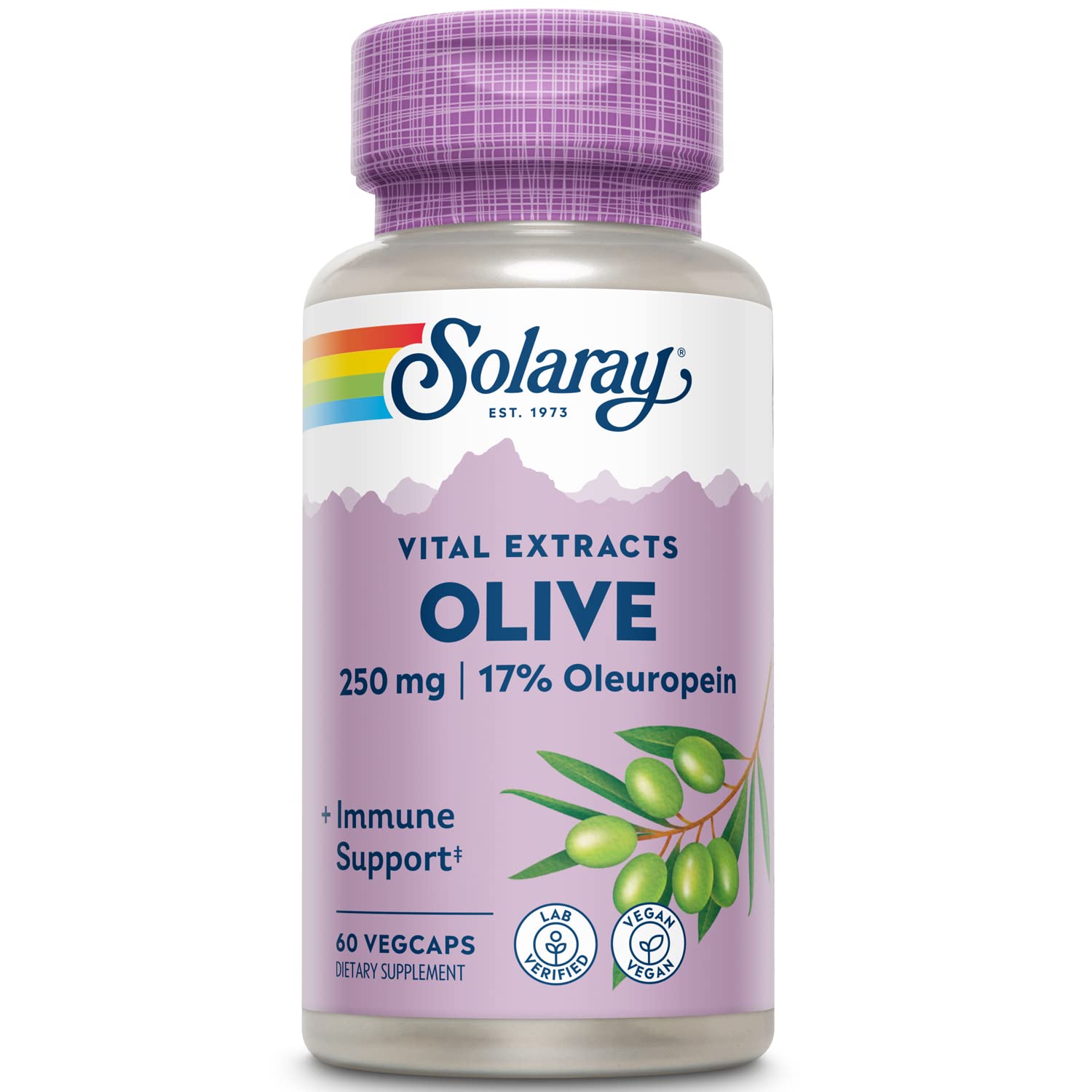 SOLARAY extracto de hojas de olivo, frasco de 250 mg para uso diario.
