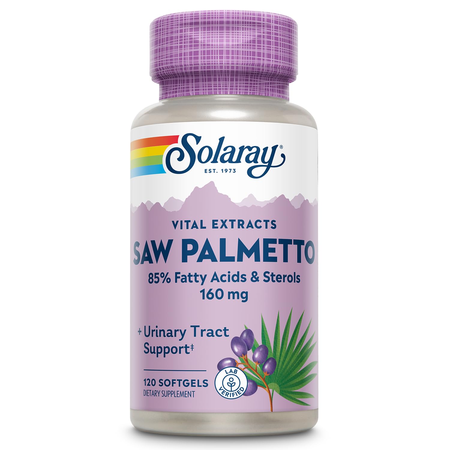 SOLARAY Saw Palmetto Extract en bote, posible apoyo prostático y urinario.