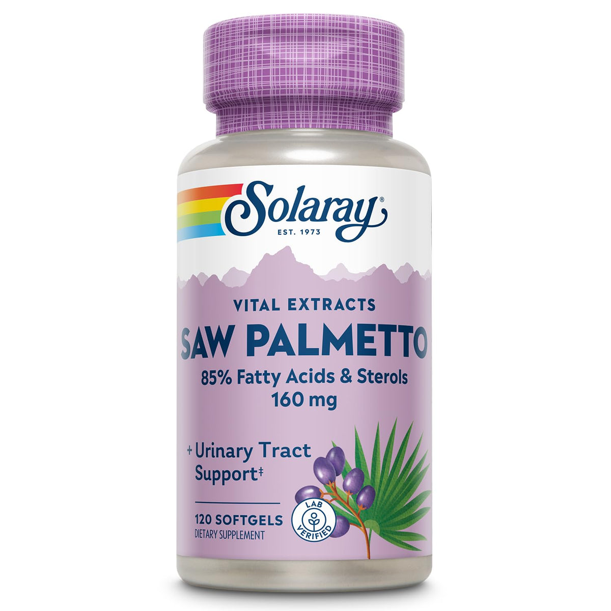 SOLARAY Saw Palmetto Extract en bote, posible apoyo prostático y urinario.