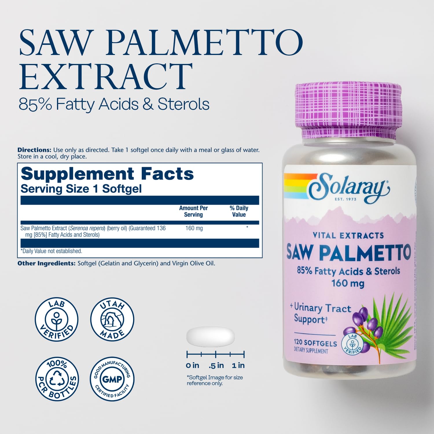 SOLARAY Saw Palmetto Extract en cápsulas, dosis estandarizada para uso diario.