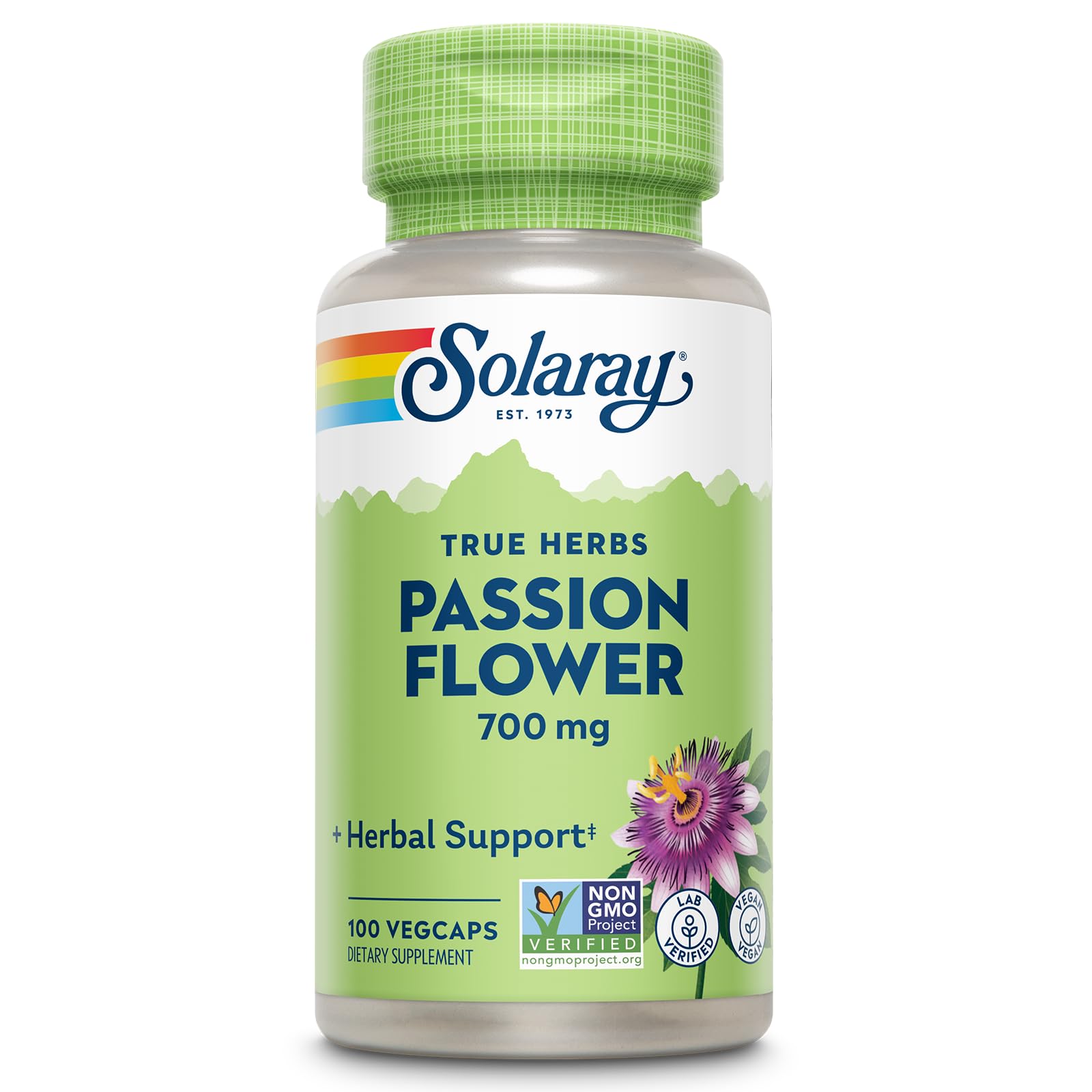 SOLARAY Flor de la Pasión 700 mg, botella frontal, ideal para uso diario de apoyo herbario suave