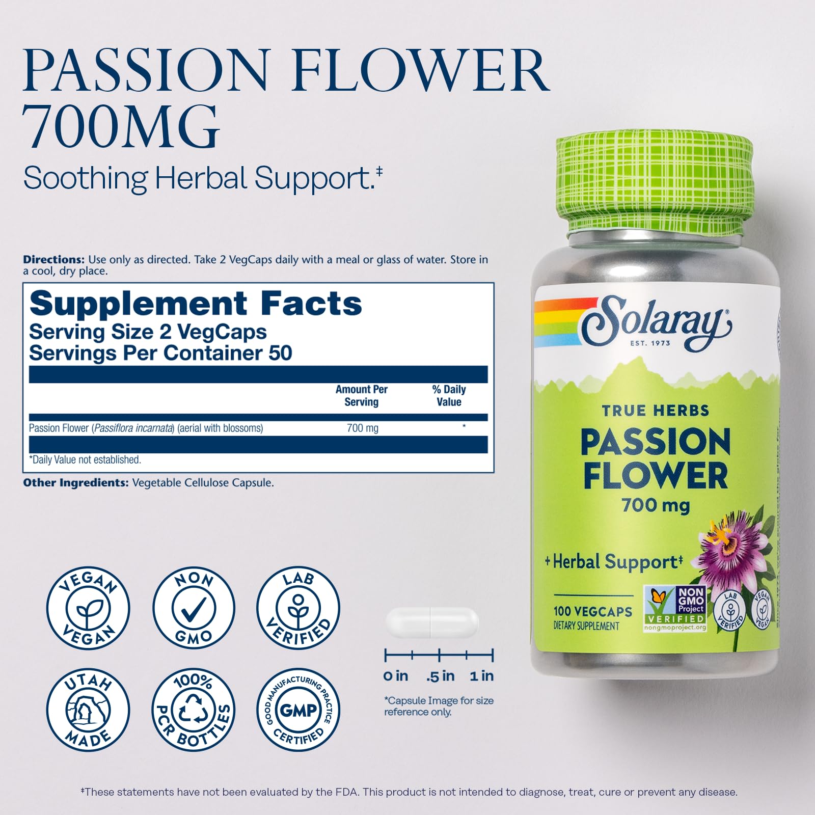 SOLARAY Flor de la Pasión 700 mg, cápsulas agrupadas, dosificación conveniente para momentos de calma