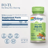 SOLARAY Fo-Ti 610 mg: etiqueta que destaca ingredientes herbales tradicionales para el cuidado diario.