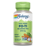 SOLARAY Fo-Ti 610 mg: frasco de cápsulas veganas para cabello y piel.