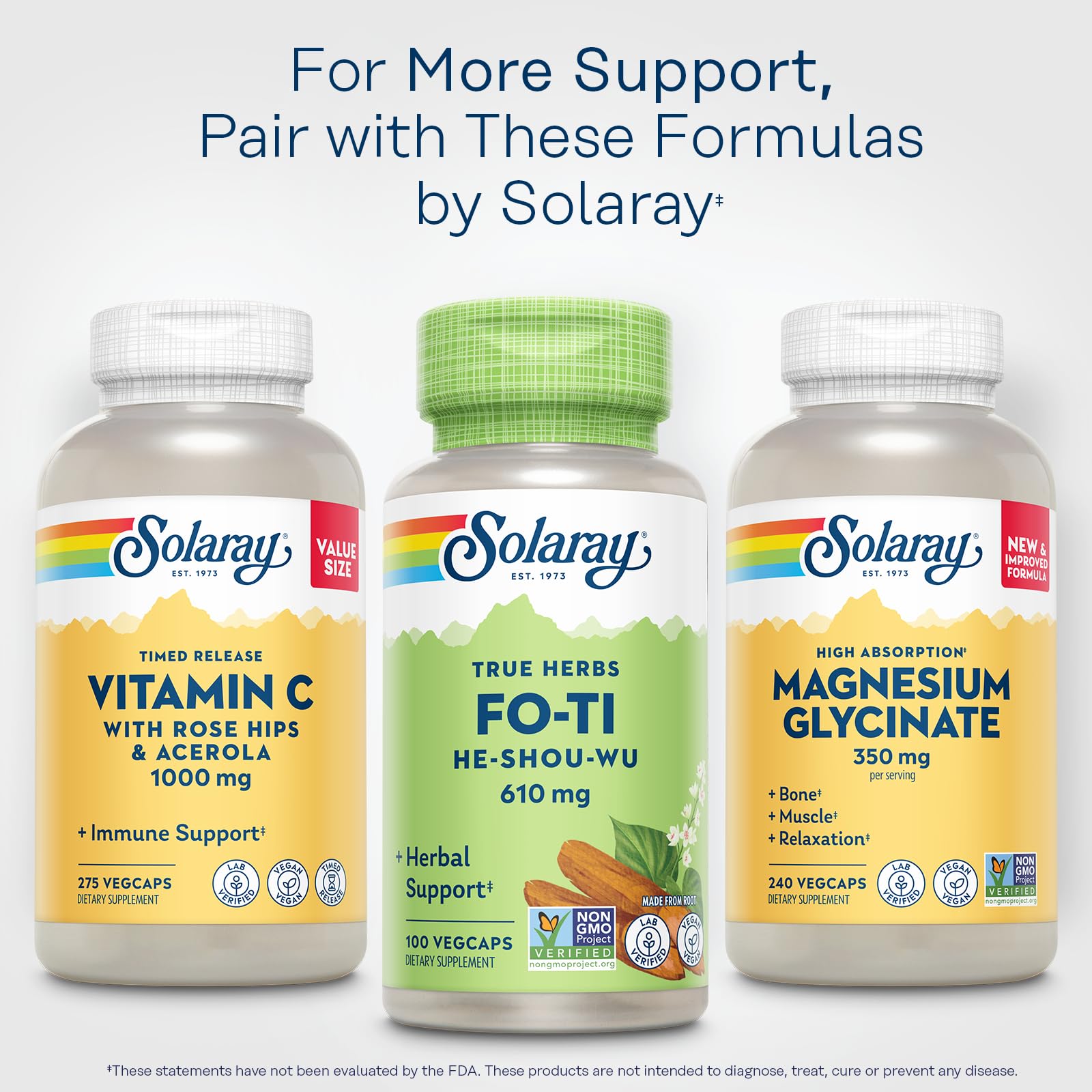 SOLARAY Fo-Ti 610 mg: presentación de 100 cápsulas para uso prolongado.