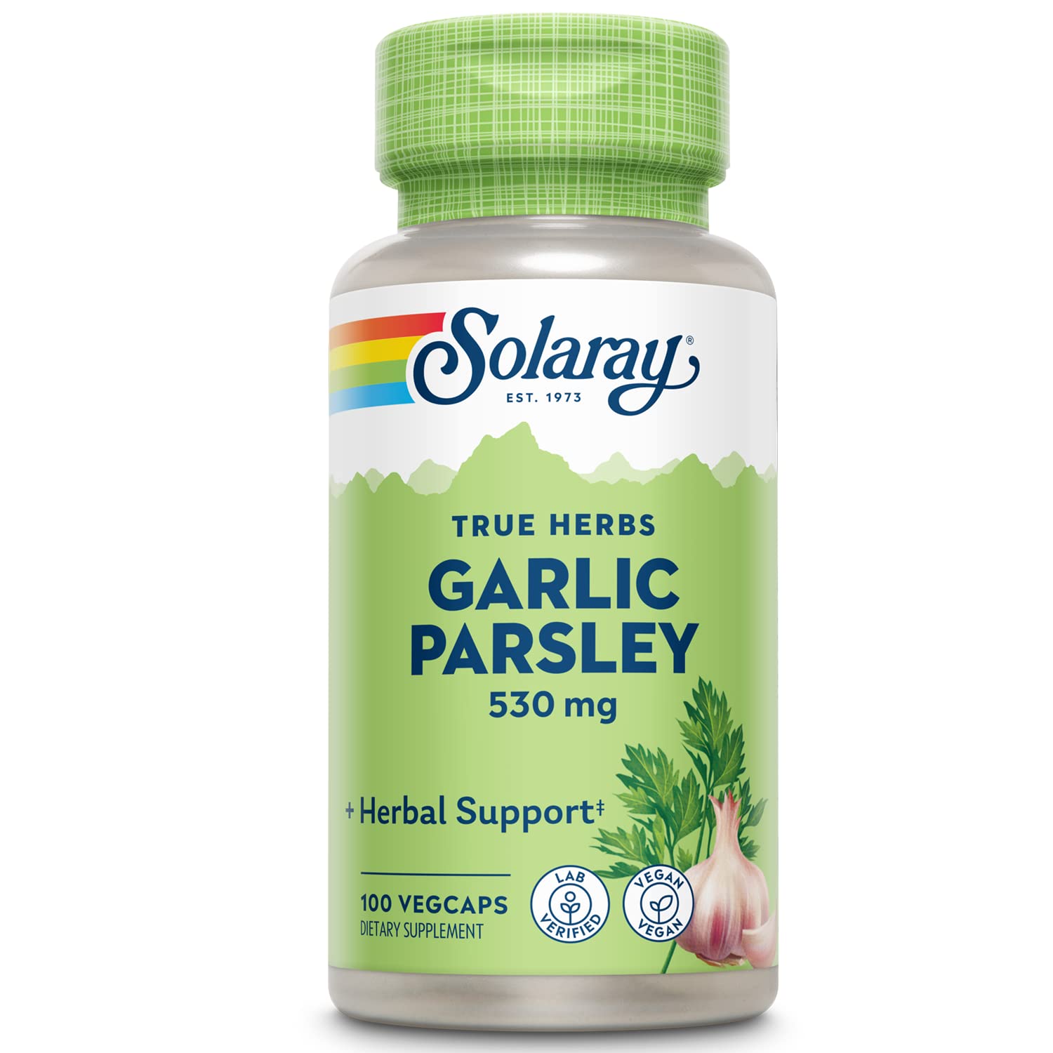 SOLARAY bulbo de ajo y hoja de perejil en botella, posible apoyo cardiovascular