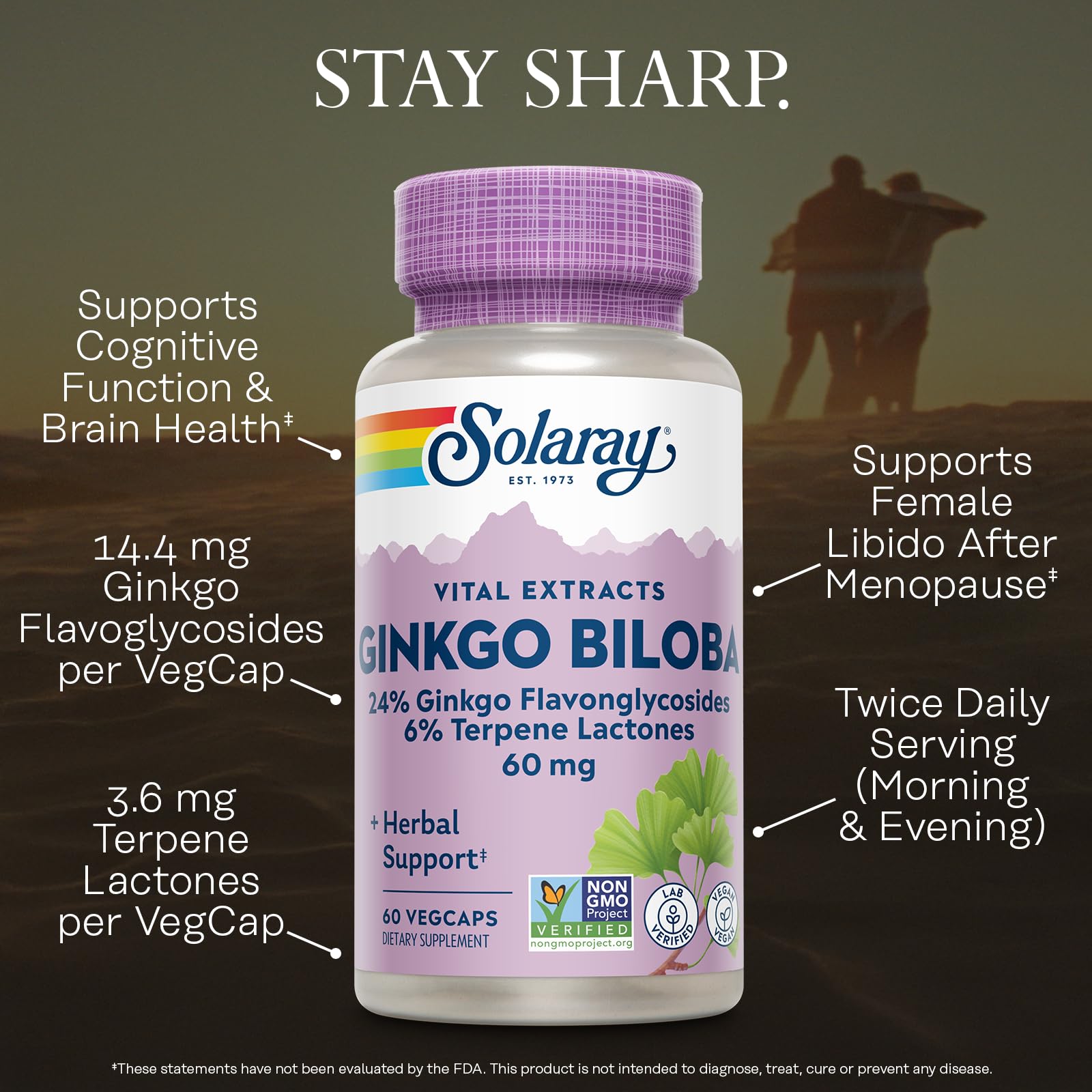 SOLARAY Ginkgo Biloba Extract etiqueta, detalle de envase sustentable.