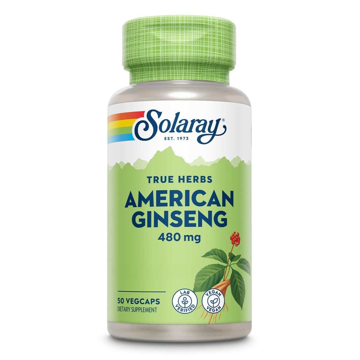 SOLARAY ginseng americano 480 mg, botella frente: apoyo para mantener la calma ante el estrés.