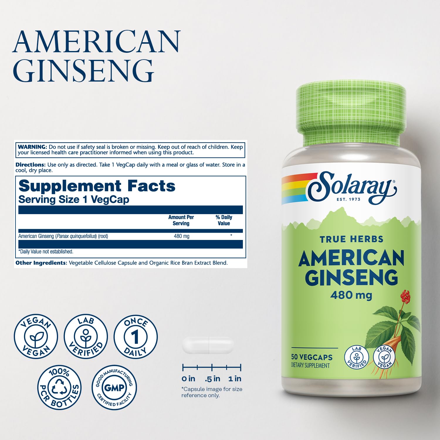 SOLARAY ginseng americano 480 mg, cápsulas-en-frasco: posible impulso de energía durante el día.