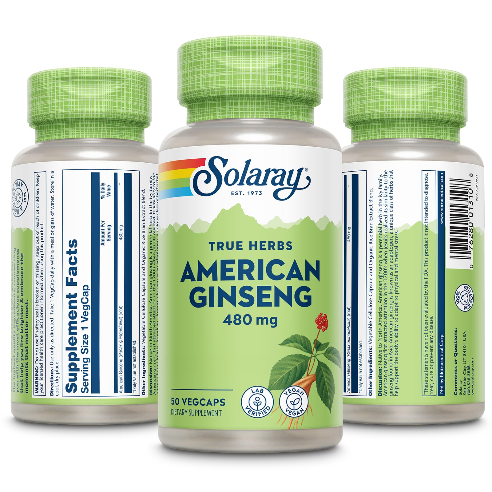 SOLARAY ginseng americano 480 mg, etiqueta frontal: mejor enfoque de bienestar diario.