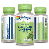 SOLARAY ginseng americano 480 mg, etiqueta frontal: mejor enfoque de bienestar diario.