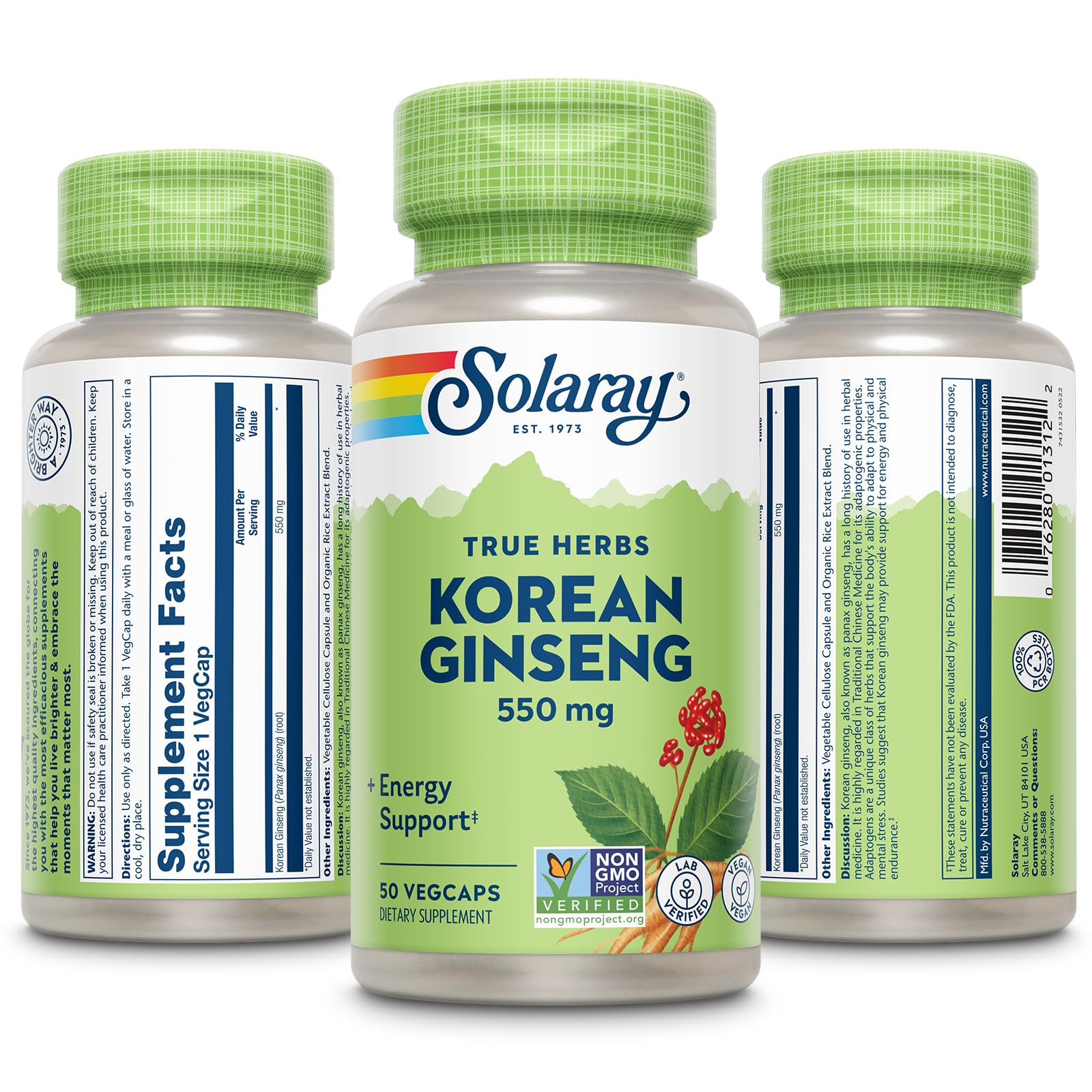 SOLARAY ginseng coreano 550 mg: cápsulas veganas fáciles de tragar.