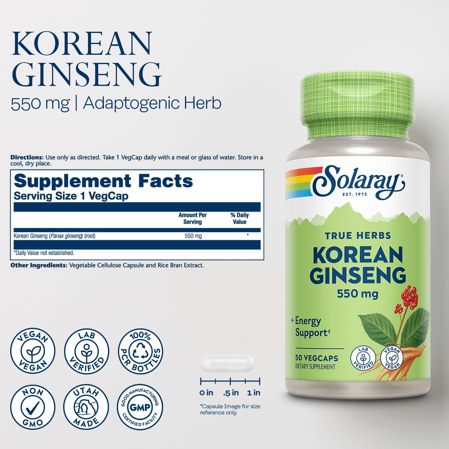 SOLARAY ginseng coreano 550 mg: etiqueta con ingredientes y uso recomendado.