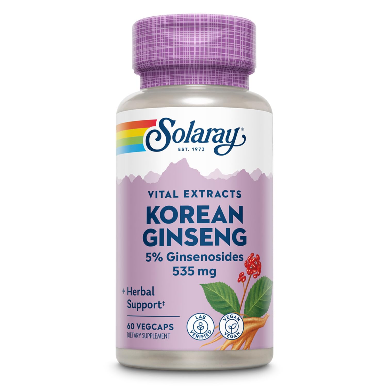 SOLARAY ginseng coreano, botella vista frontal, aporta energía sostenida para el día