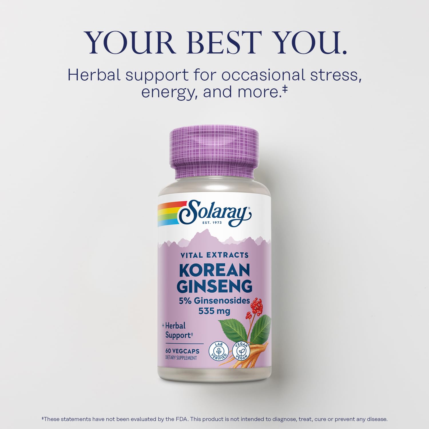 SOLARAY ginseng coreano, etiqueta visible en el bote