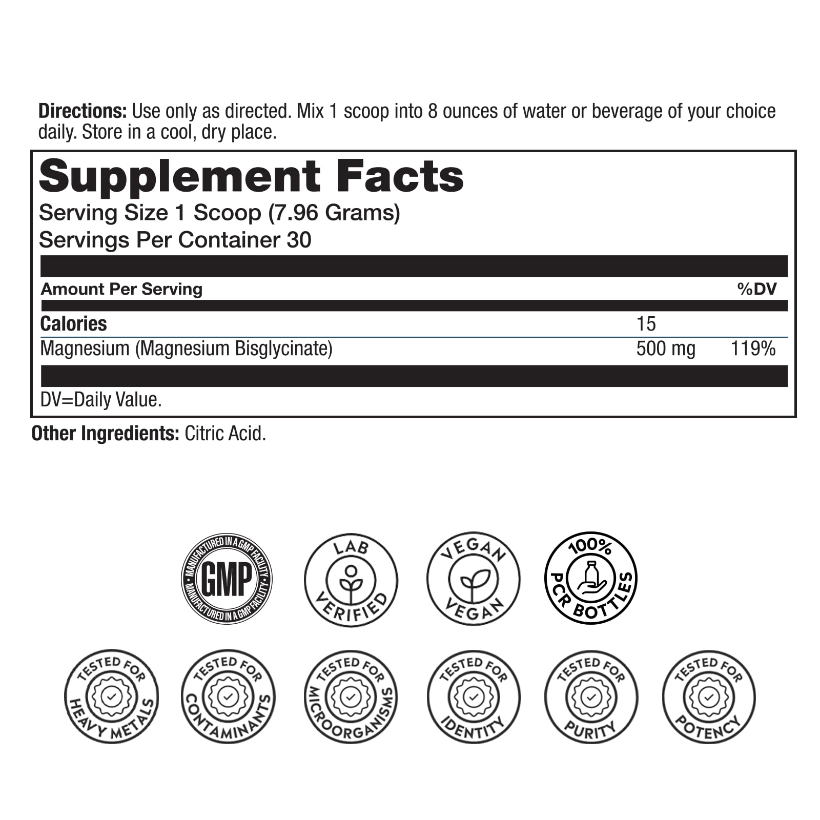 SOLARAY glicinato de magnesio 500 mg, medidor cuchara para dosis diaria.