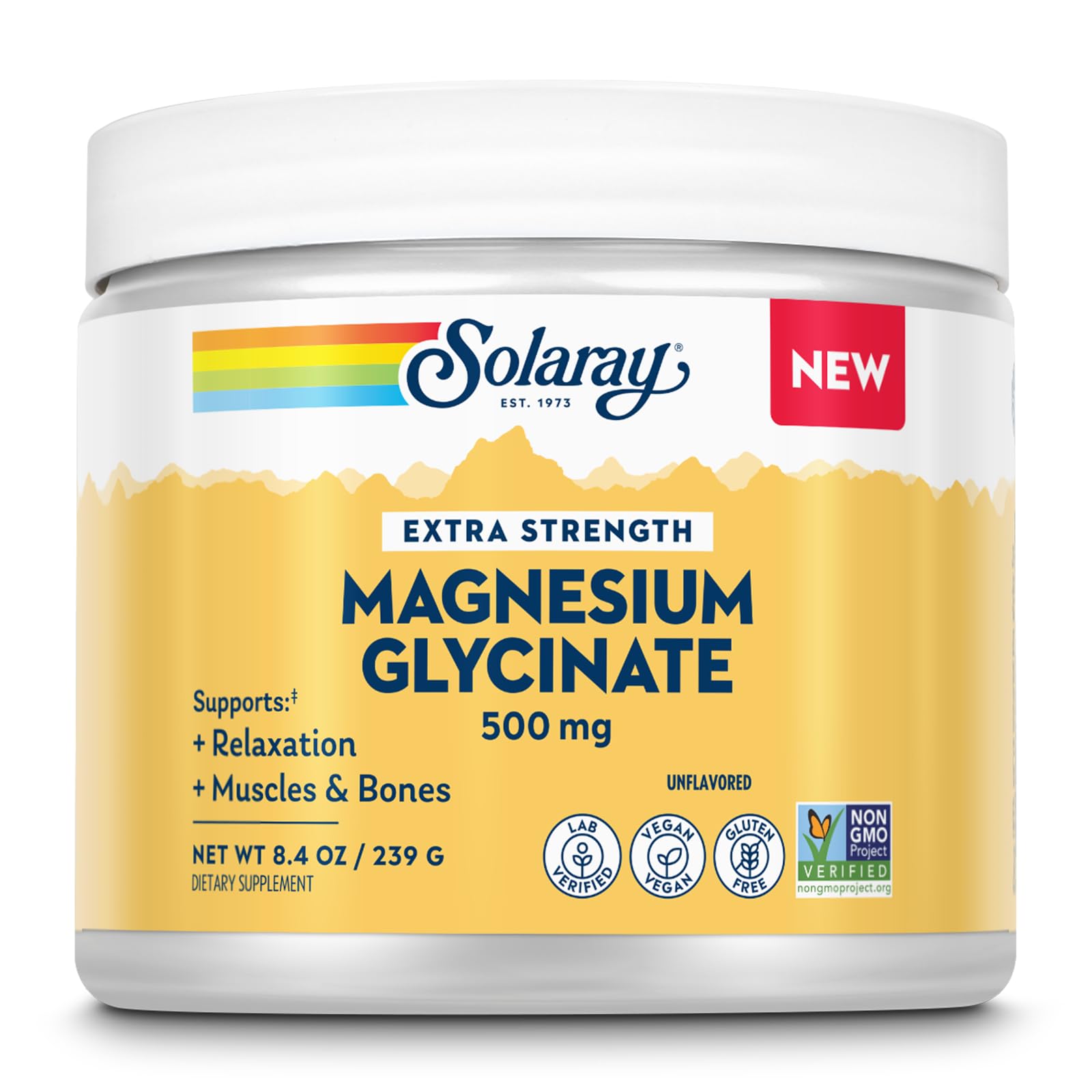 SOLARAY glicinato de magnesio 500 mg polvo en envase, soporte muscular y óseo.