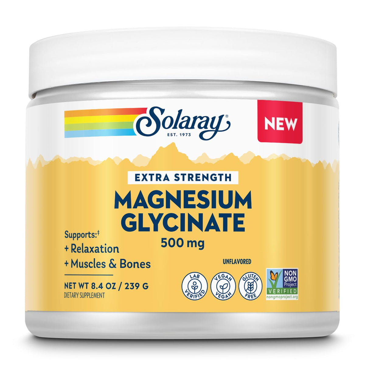 SOLARAY glicinato de magnesio 500 mg polvo en envase, soporte muscular y óseo.