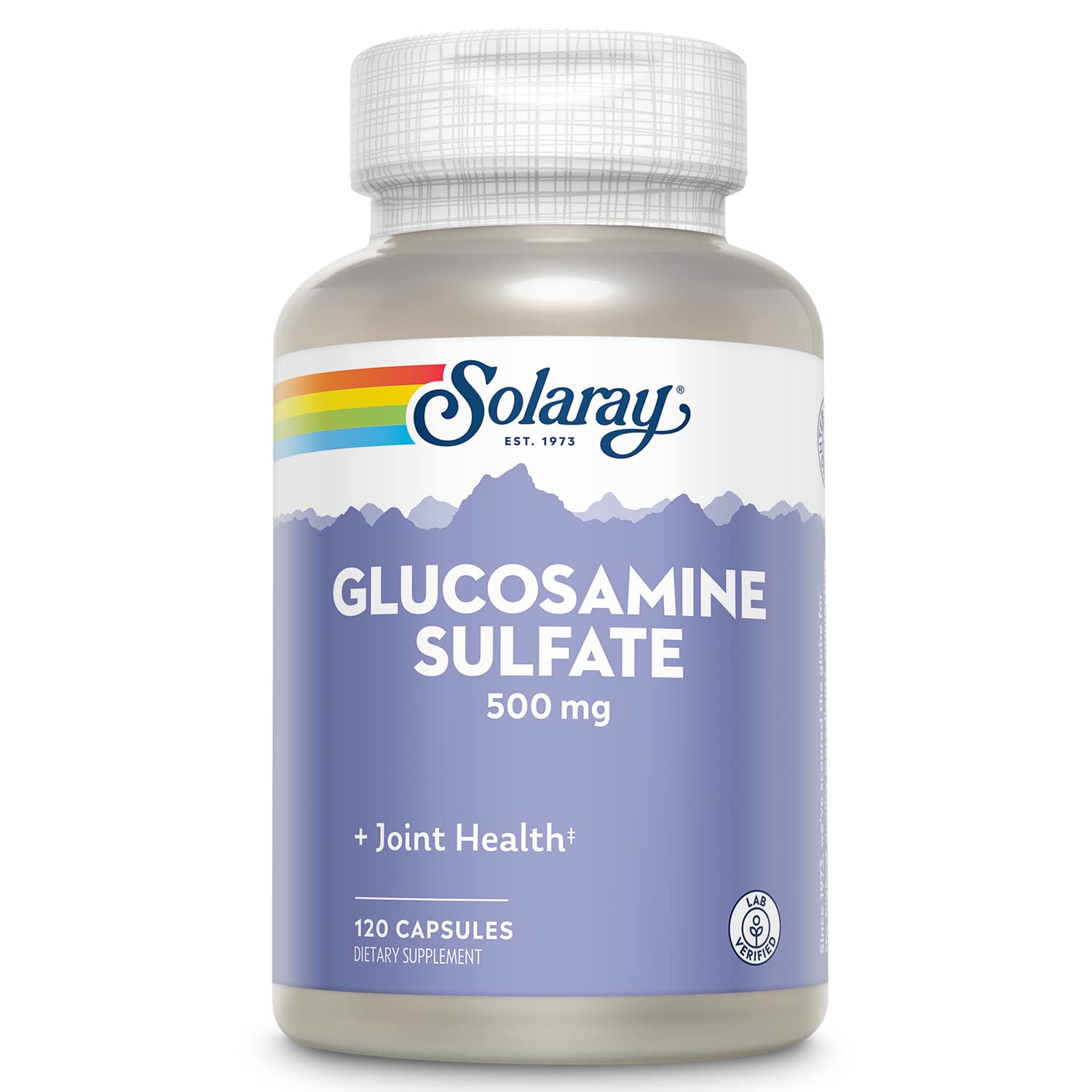 SOLARAY glucosamina sulfato 500 mg, botella frontal, posible apoyo a la salud articular.