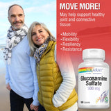 SOLARAY glucosamina sulfato 500 mg, envase visible, posible soporte diario de movilidad.