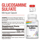 SOLARAY glucosamina sulfato 500 mg, etiqueta detallada, verificación de potencia y pureza.