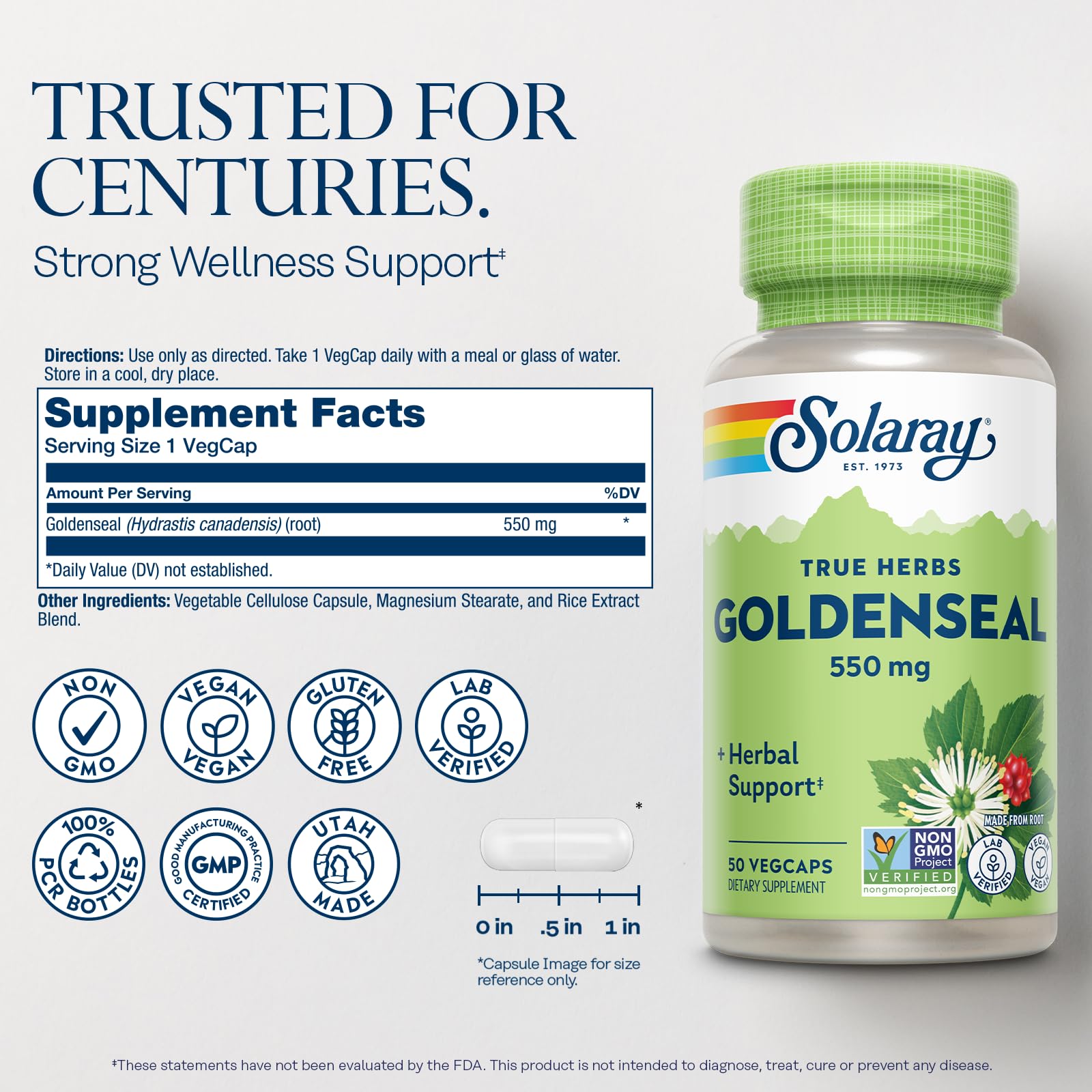 Etiqueta del frasco SOLARAY Goldenseal destacando ingredientes naturales