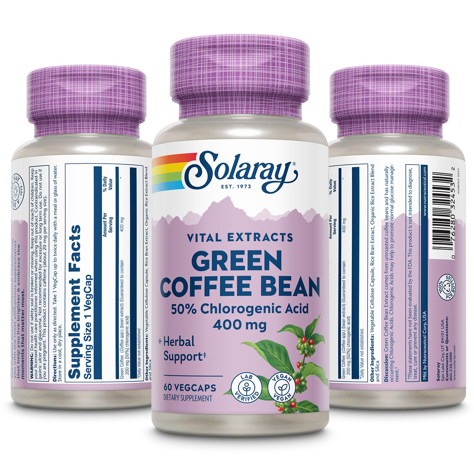 SOLARAY Green Coffee Bean Extract: etiqueta con ingredientes y uso diario.