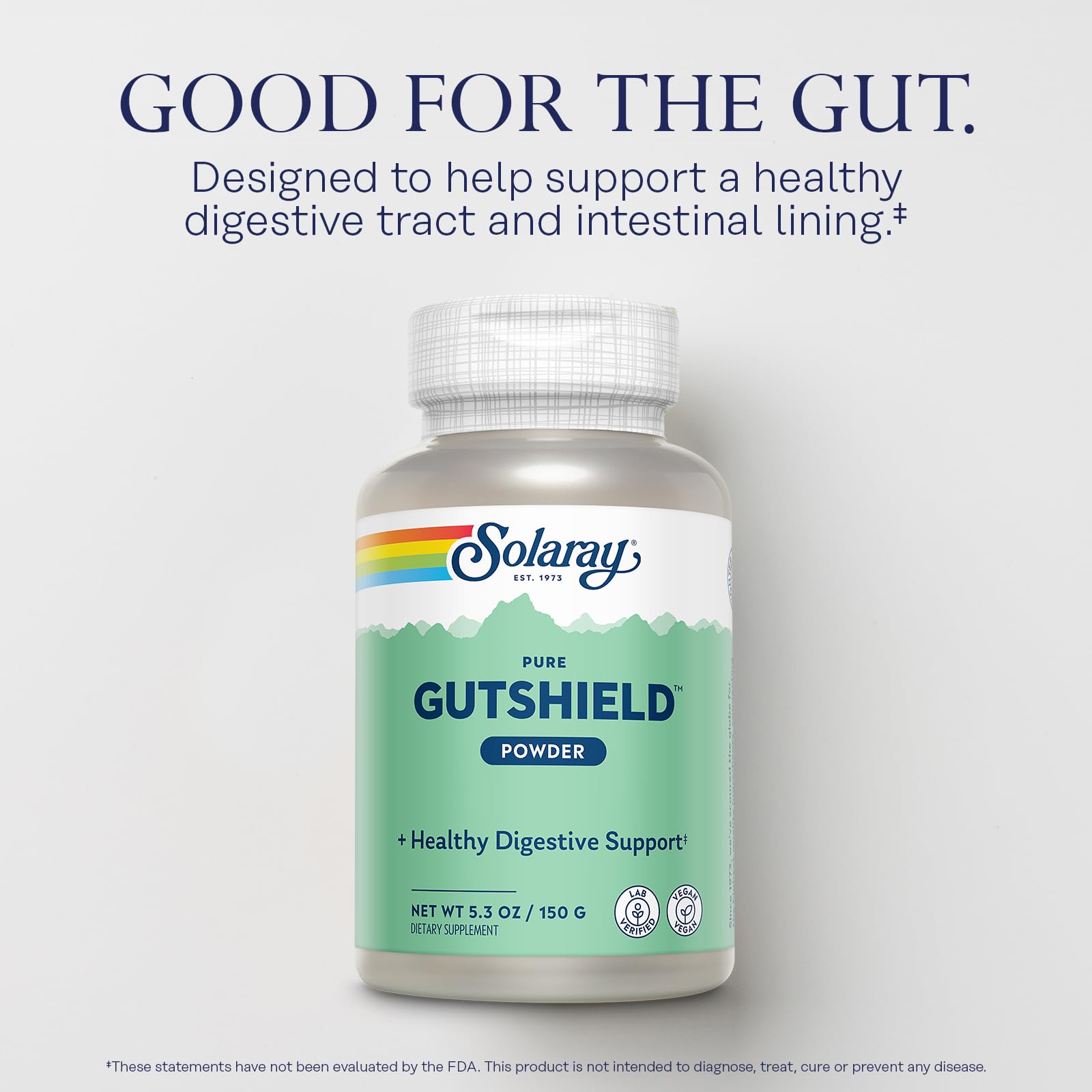 SOLARAY Gutshield botella y etiqueta claras, uso diario para la salud intestinal.