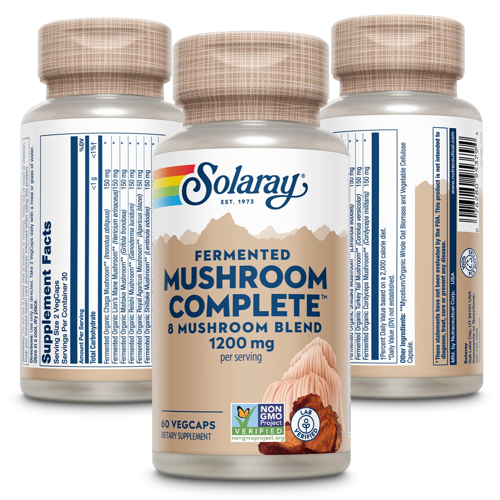 SOLARAY Hongo Fermentado Completo: etiqueta que resalta ingredientes de origen orgánico.