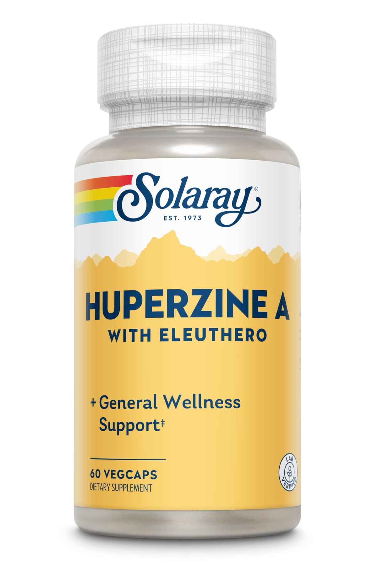 Solaray Huperzine A, cápsulas frente de la botella; posible apoyo a la concentración diaria.