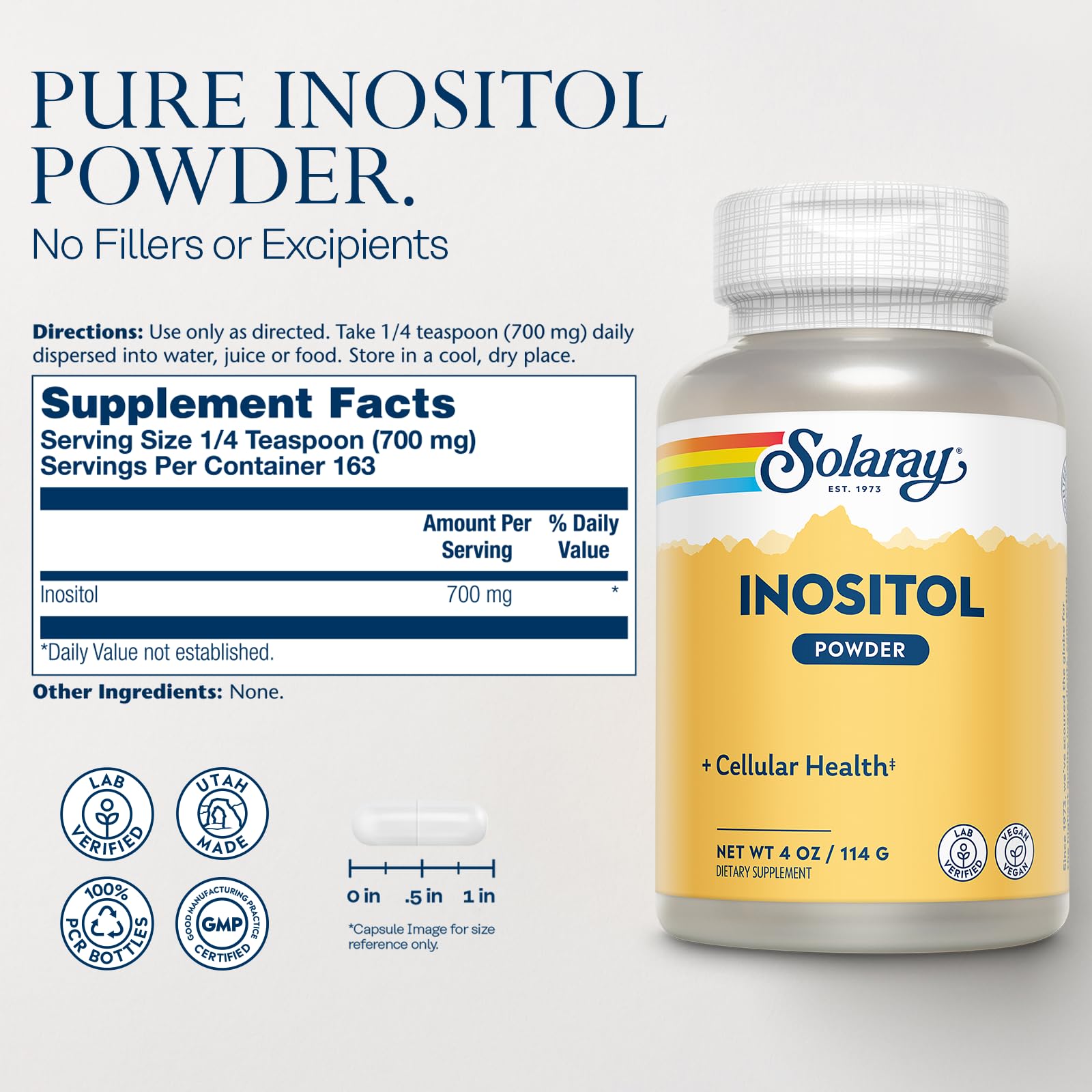 SOLARAY Inositol porción de 1/4 cucharadita para mezclar