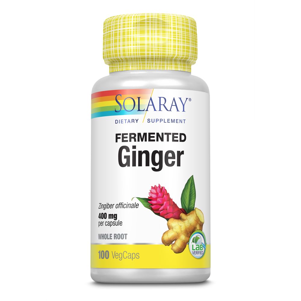 SOLARAY jengibre fermentado cápsulas; apoyo digestivo potencial y energía diaria.