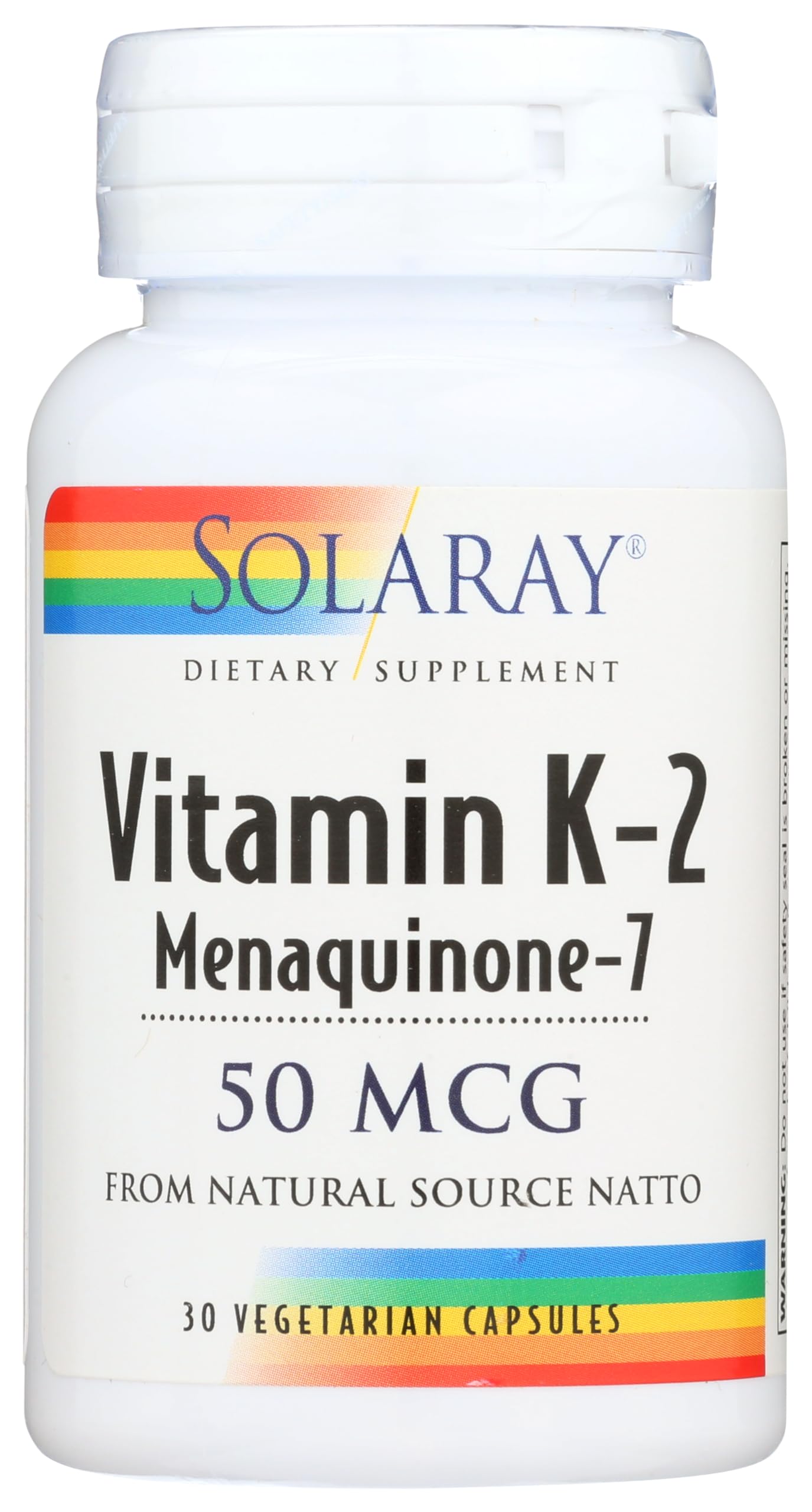 SOLARAY K2 MK7 cápsulas vegetales en frasco, posible apoyo a la salud ósea.