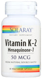 SOLARAY K2 MK7 cápsulas vegetales en frasco, posible apoyo a la salud ósea.