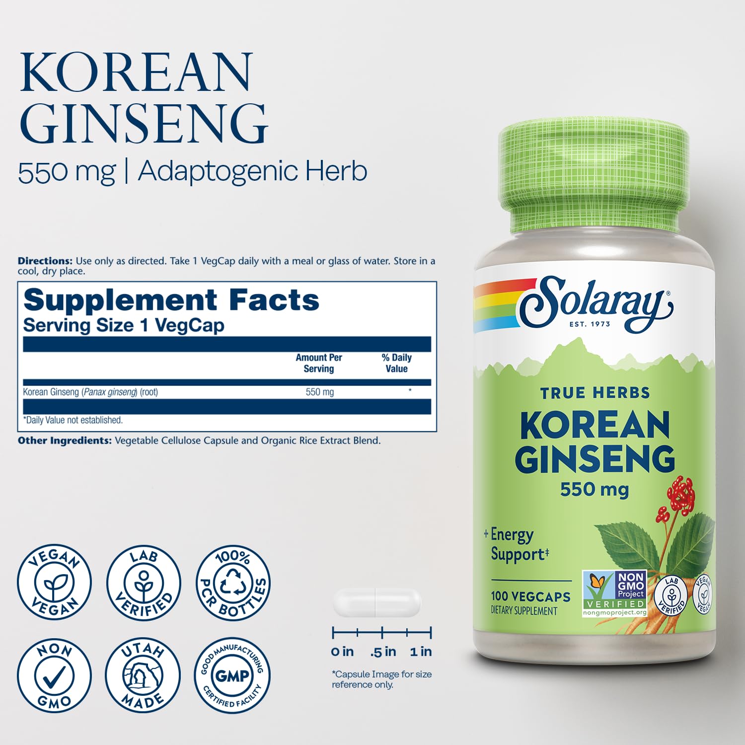 SOLARAY Ginseng Coreano cápsulas: soporte adaptógeno para gestionar el estrés.
