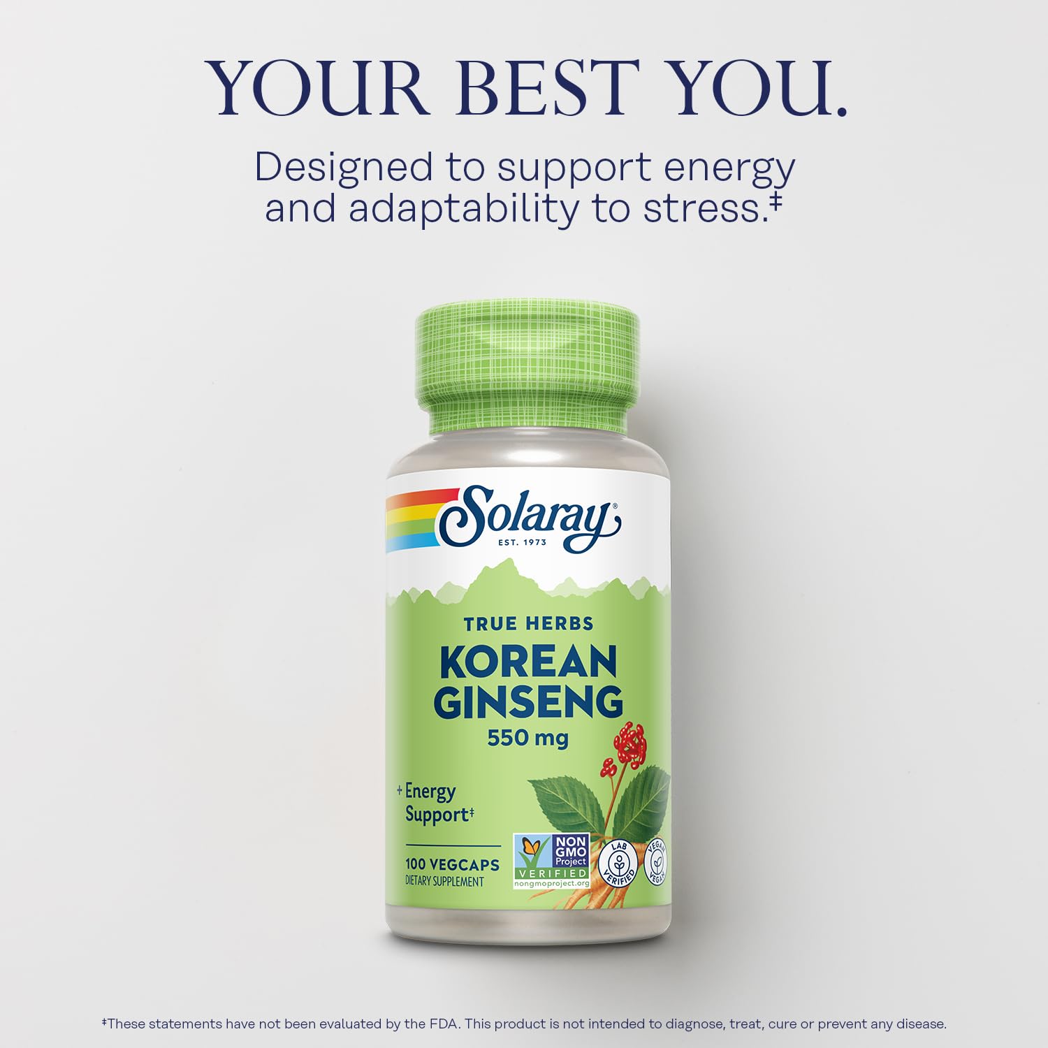 SOLARAY Ginseng Coreano etiqueta: información clara de ingredientes y calidad.