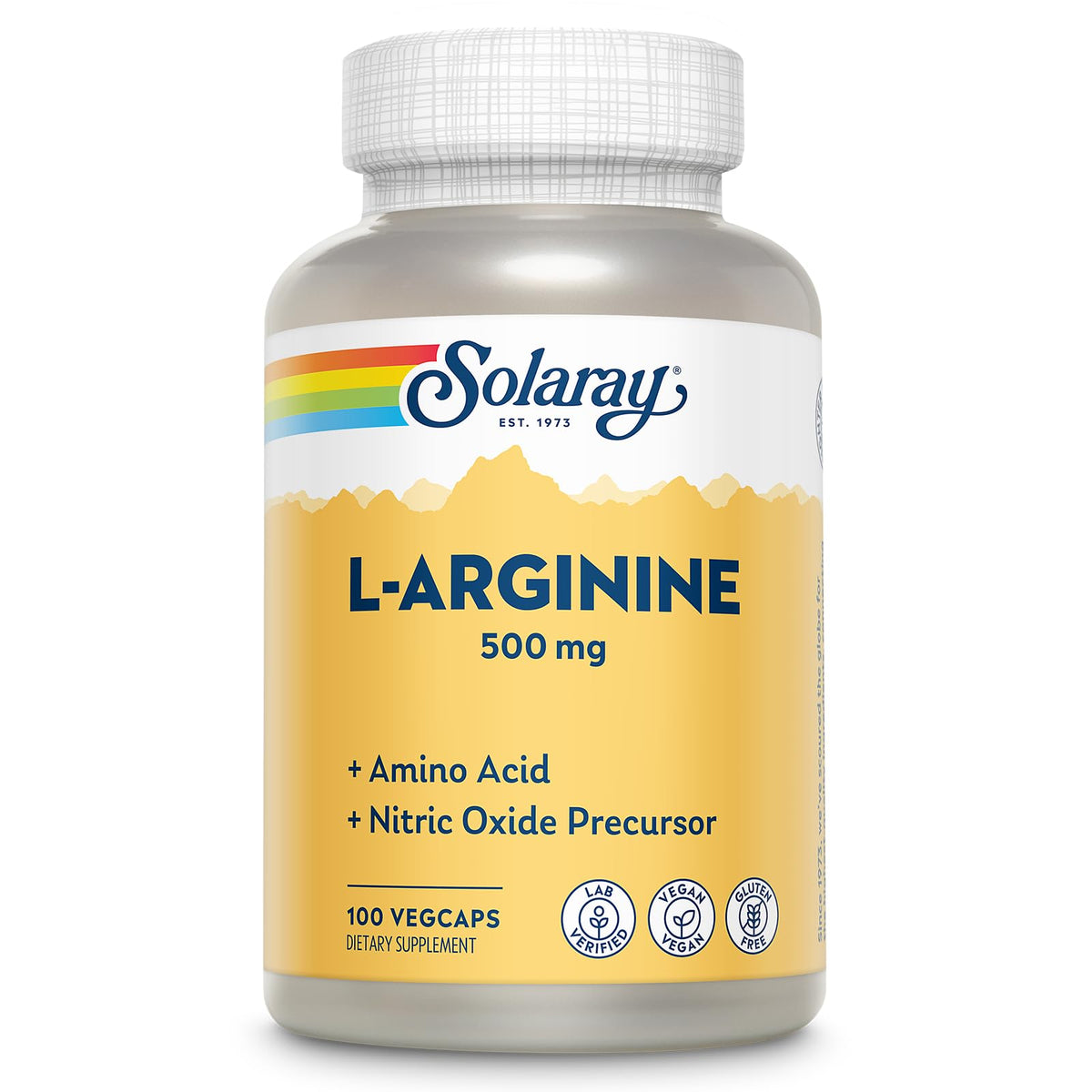 SOLARAY L-Arginina 500 mg, botella frontal: energía sostenida para entrenamientos