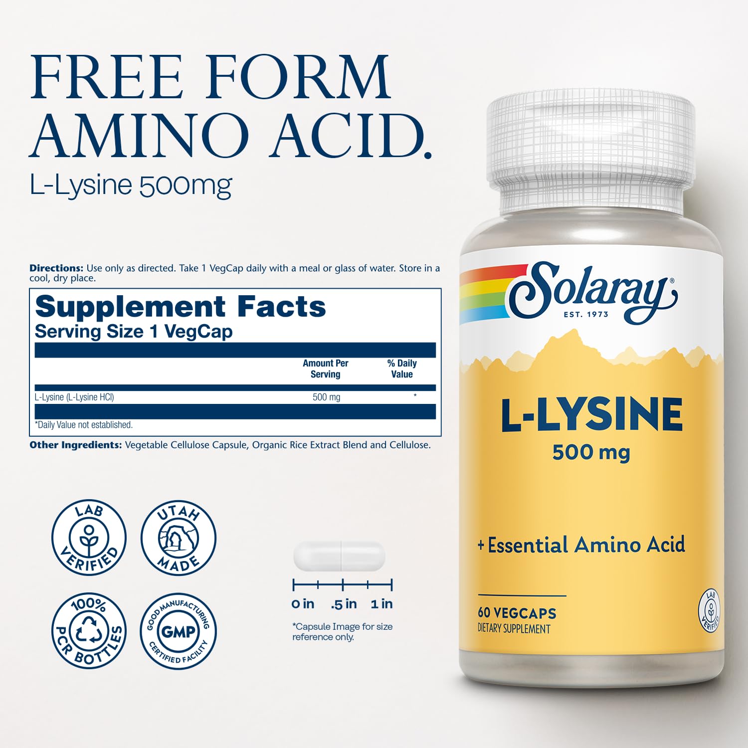 SOLARAY L-Lisina 500 mg, botella de 60 cápsulas para consumo diario.