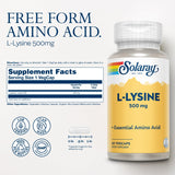 SOLARAY L-Lisina 500 mg, botella de 60 cápsulas para consumo diario.