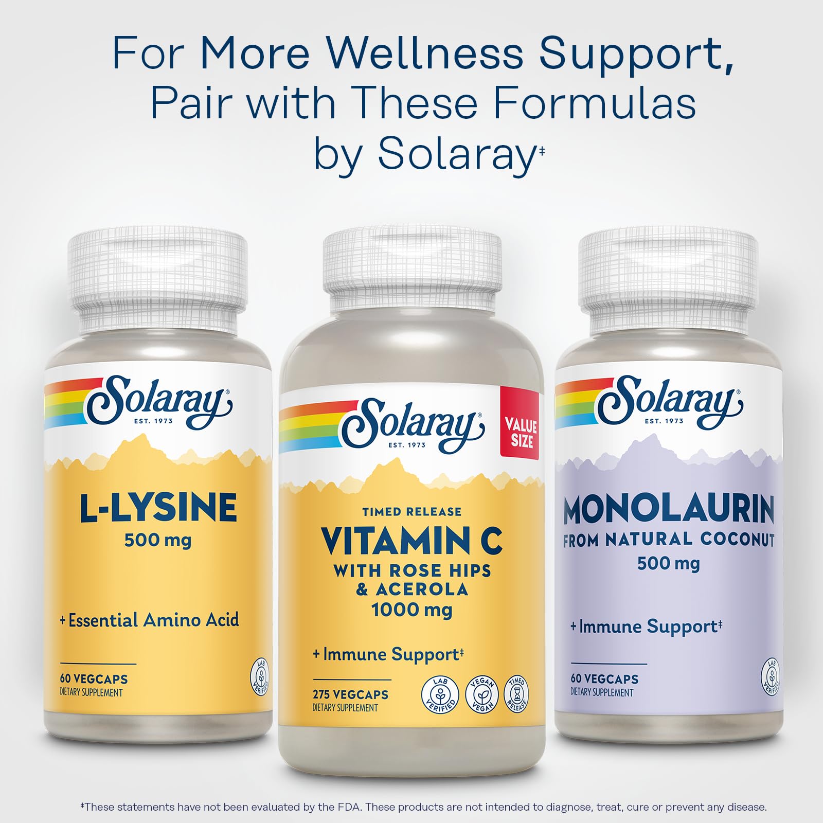 SOLARAY L-Lisina 500 mg, ingredientes claros y etiqueta legible.