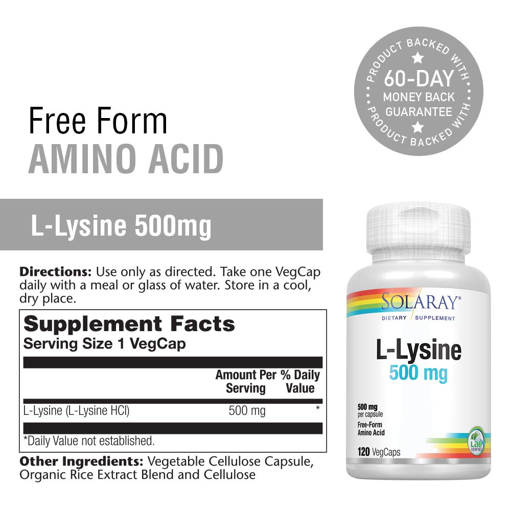 SOLARAY L-Lisina 500 mg, frasco con cápsulas vegetales fáciles de tragar.