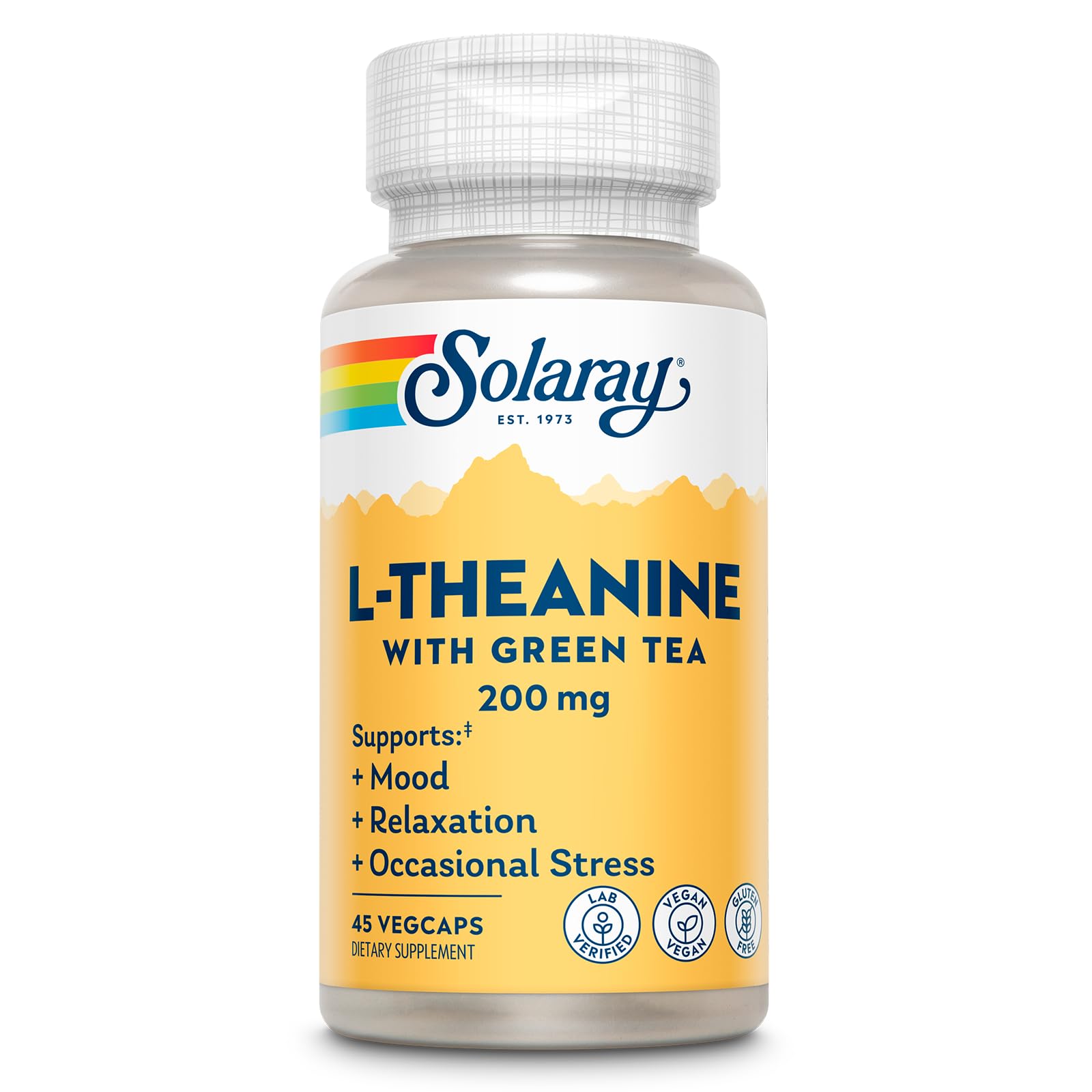 SOLARAY L-Theanine 200 mg en botella de VegCaps para apoyo del ánimo y relajación.