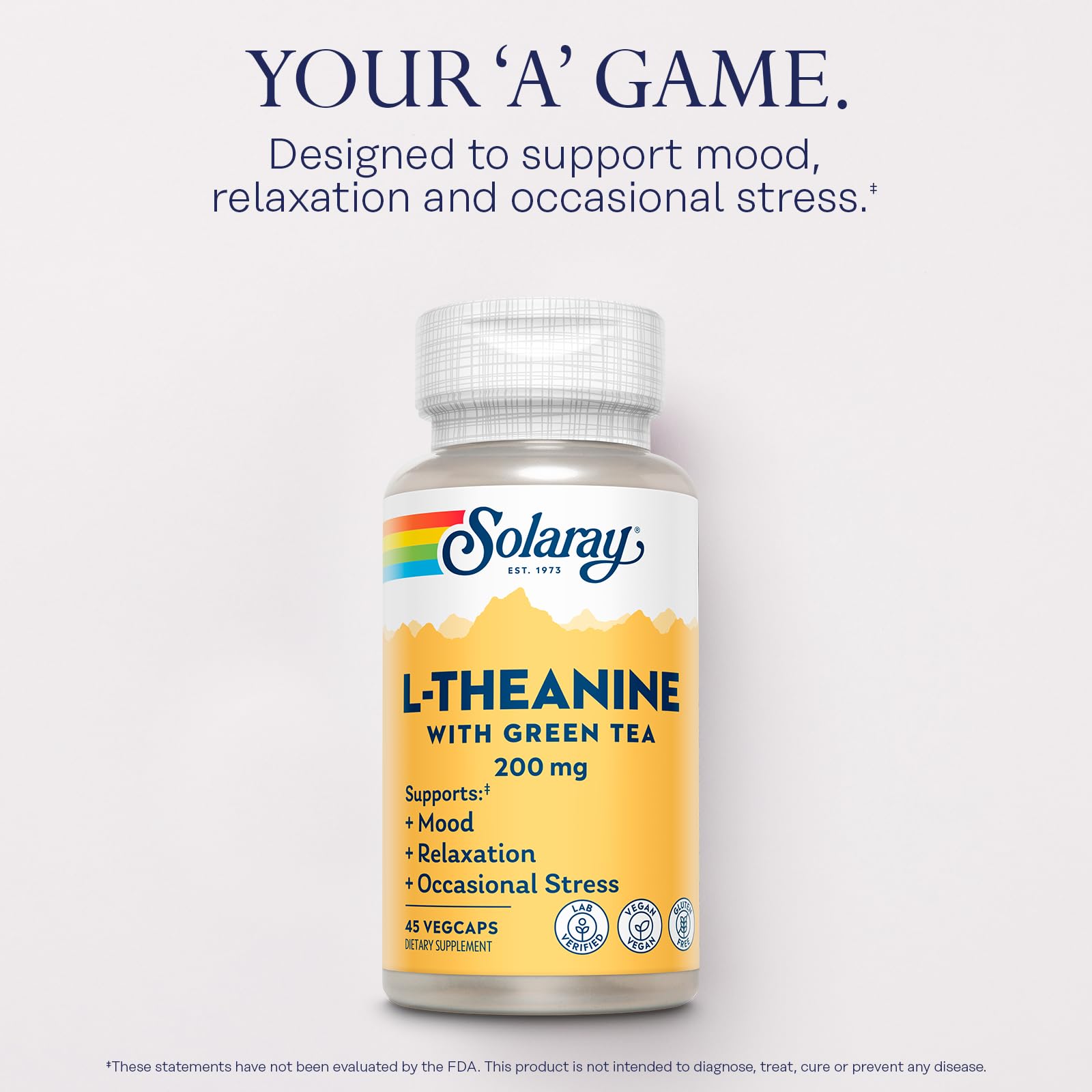SOLARAY L-Theanine 200 mg cápsulas veganas para relajación suave.