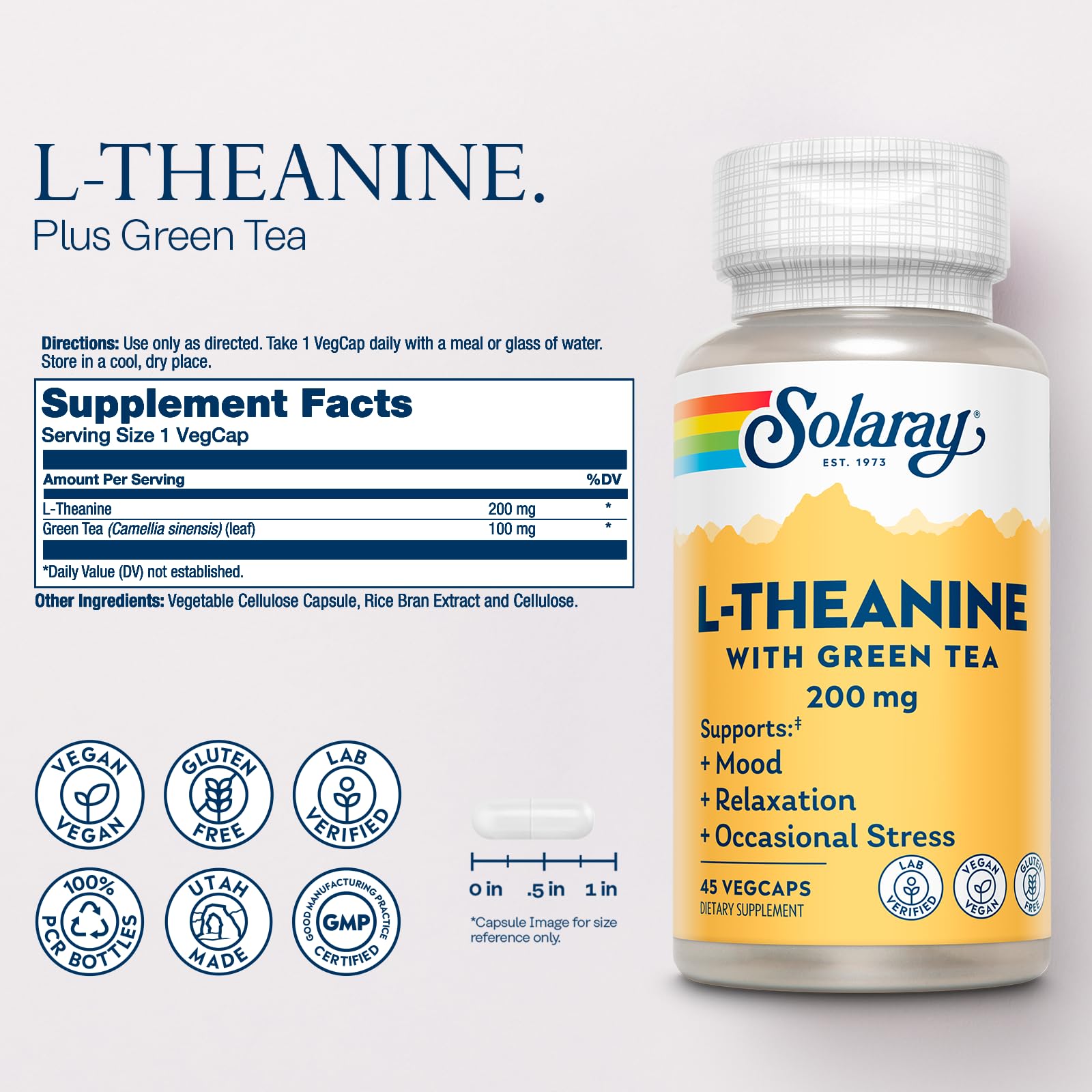 SOLARAY L-Theanine 200 mg etiqueta frontal para indicar ingredientes clave.