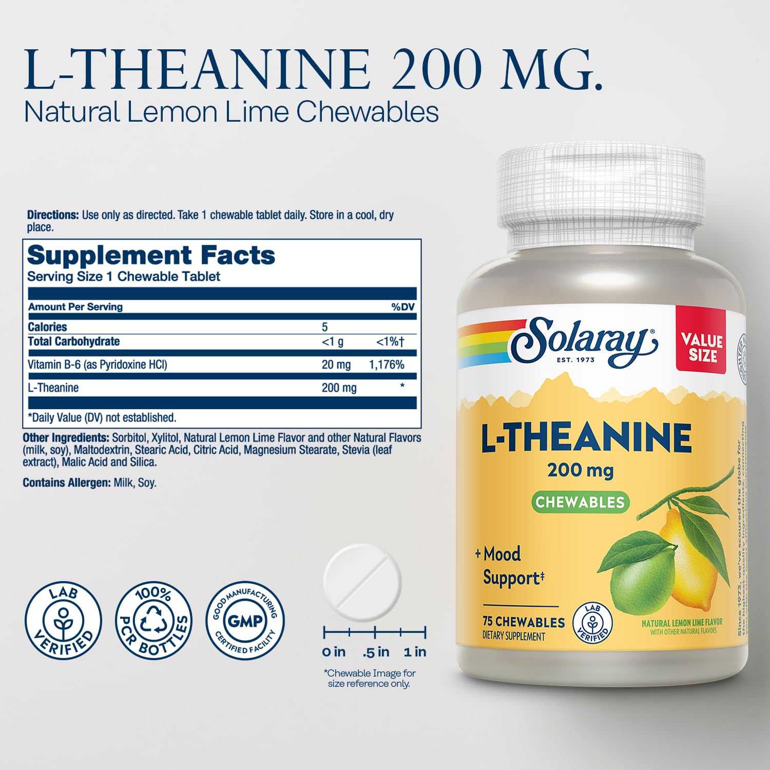 Envase reciclado post-consumo de SOLARAY L-Theanine, opción ecológica para la rutina diaria.