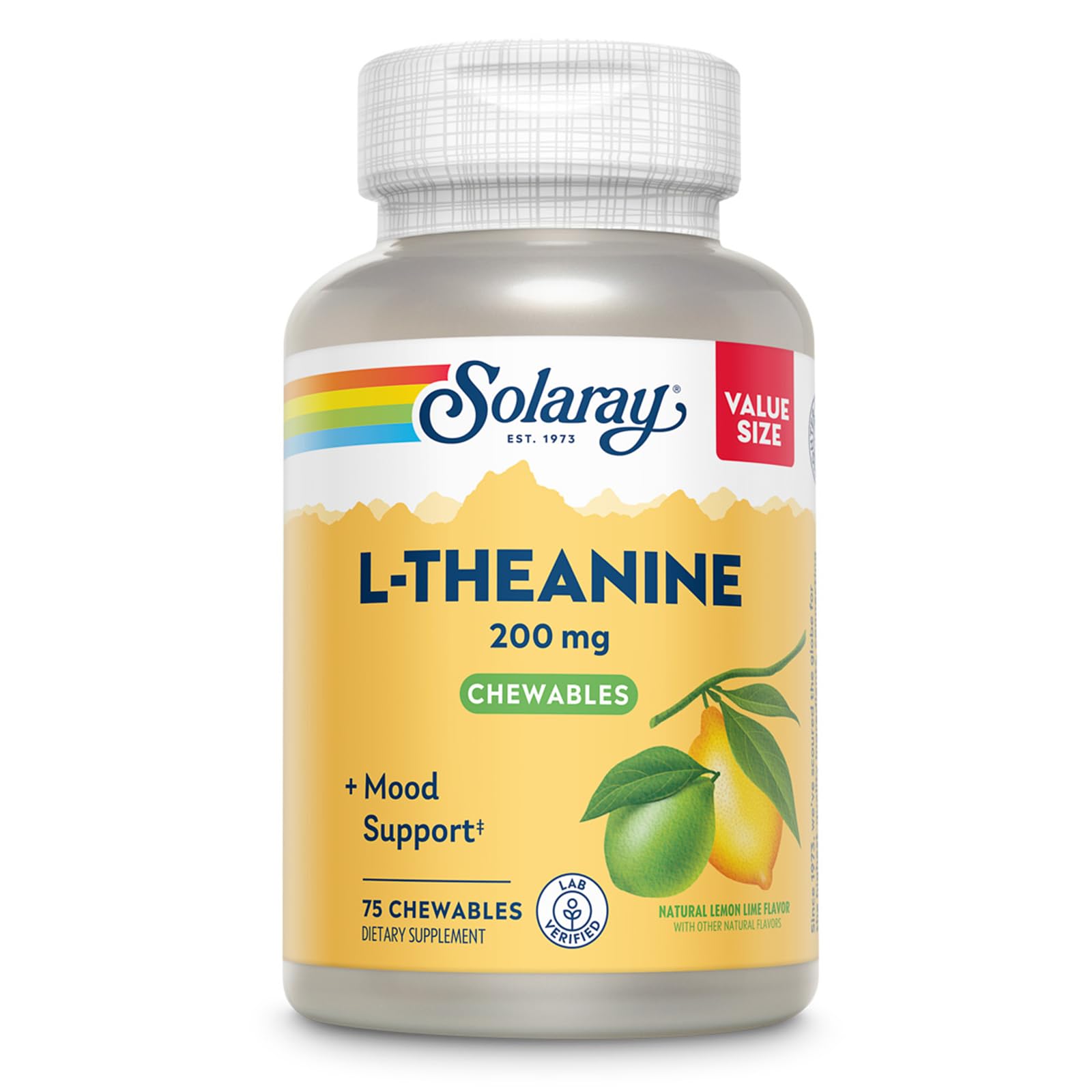 SOLARAY L-Theanine 200 mg gomita masticable, sabor limón-lima, apoyo para la relajación ocasional.