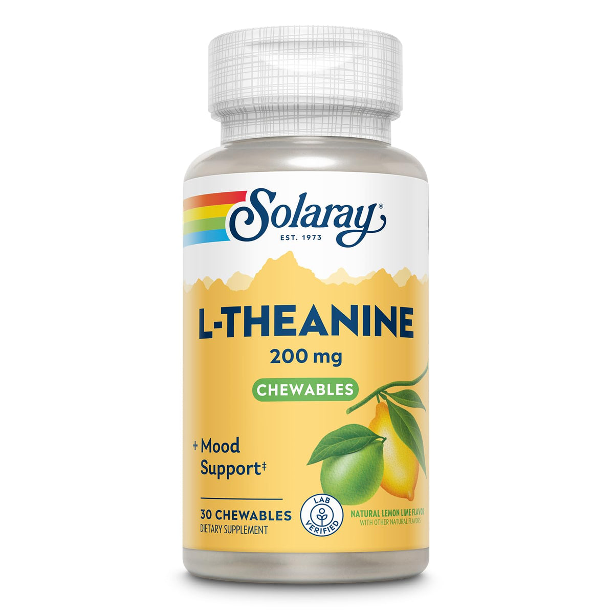 SOLARAY L-Theanine 200 mg gomitas masticables, empaque claro para relajación diaria.
